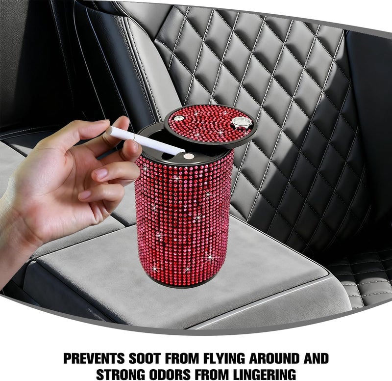 FALVFUN Bling Car Ashtray, Rhinestones Smokeless Smell Proof Vehicle Cup Holder Ash Tray with Lid, Sparkling Diamond Portable Automotive Interior Ashtray, Universal for SUV RV Truck (Red) - Image 3
